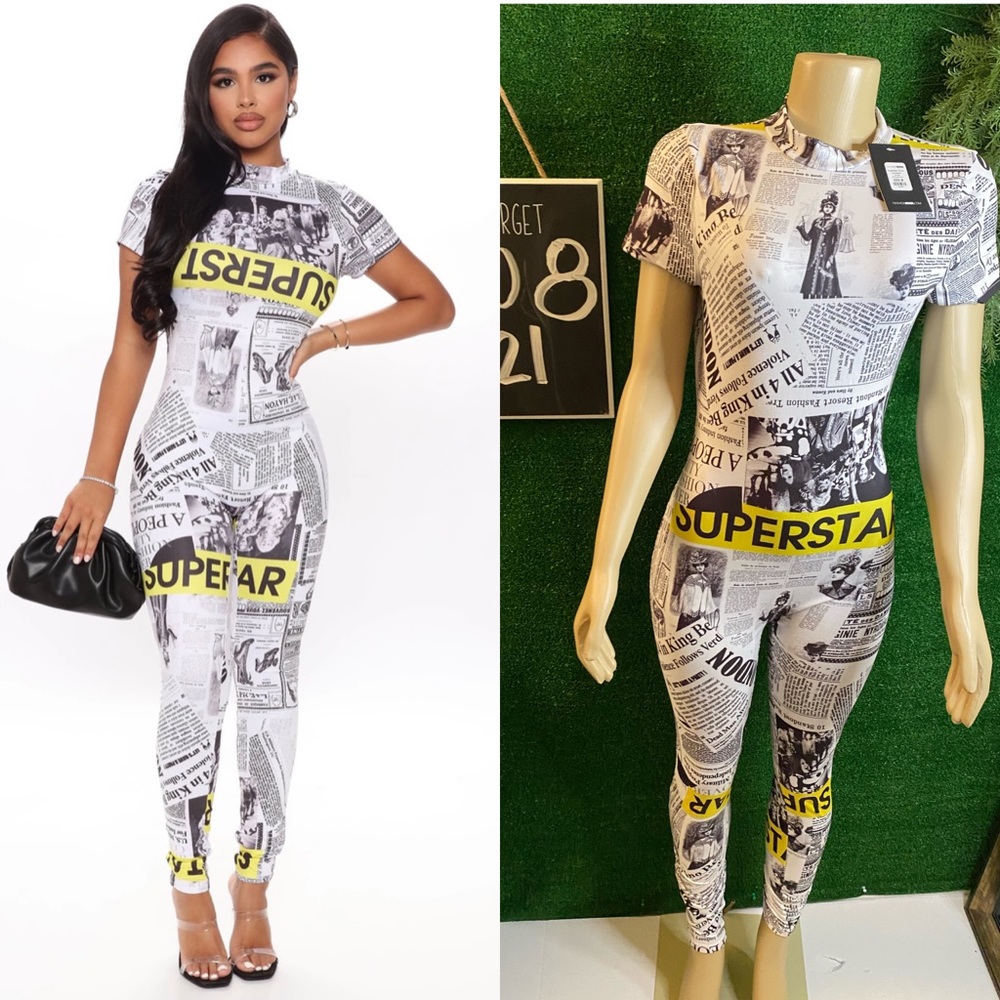 Fashion Nova: Black-White News Jumpsuit
